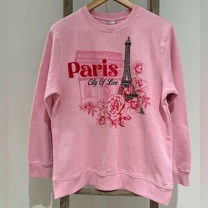 Messy Bun Just Chillin Pink Paris City of Love Crewneck Sweatshirt Women Size S
